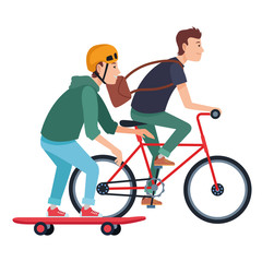 Young male friends with bike and skateboard
