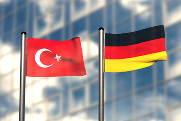 3d render of an flag of Turkey and Germany, in front of an blurry background, with a steel flagpole