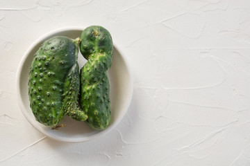 Ugly two cucumber. Concept organic vegetables. Close up.
