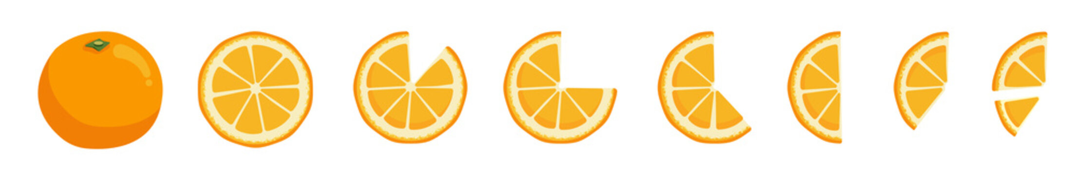 Vitamin C. Set of vector isolated elements. Bright fresh ripe juicy whole and cut orange and slices isolated on white background. Clip art for your design