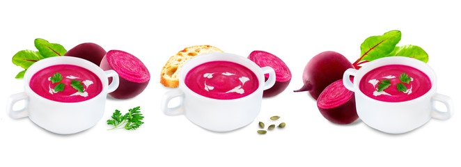 Beetroot soup in white bowl on a white isolated background