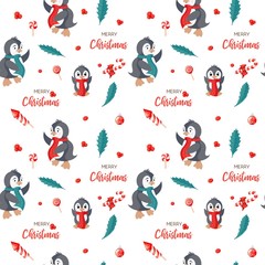 Seamless pattern with cute penguins. Hand-drawn vector illustration background