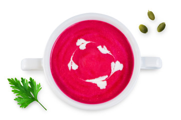 Beetroot soup in white bowl on a white isolated background