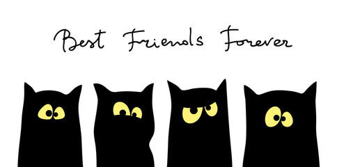 Four black cats silhouettes with different tempers. Friendship concept. Best friend forever. Vector illustration.