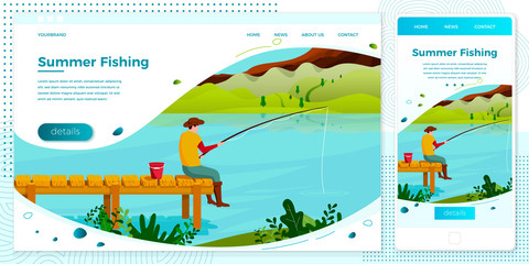 Vector cross platform illustration set, browser and mobile phone - fisherman sitting on wooden bridge with rod and bucket. Forests, trees, mountains and hills on green. Banner, site, poster template