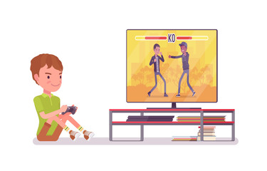 Boy child 7-9 years old, console gaming male school age kid. Schoolboy sitting at screen, enjoys playing video games, free time fun. Vector flat style cartoon illustration isolated, white background
