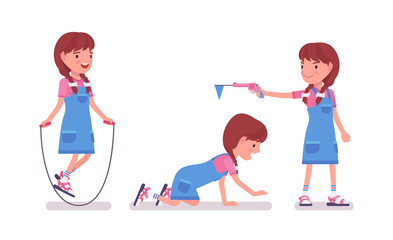 Girl child 7 to 9 years old, female school age kid entertainment. Happy schoolgirl has pleasure, delight with skipping rope, playing. Vector flat style cartoon illustration isolated, white background