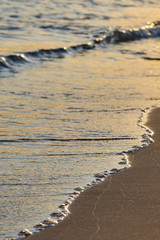                          Sandy beach with blurred sea water on a sunset as a natural background. Copy space.      