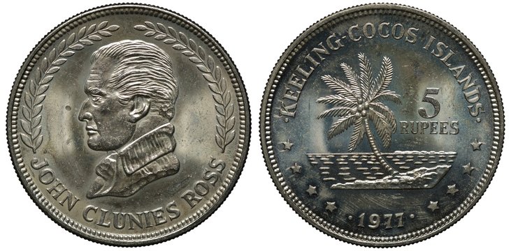 Keeling-Cocos Islands coin 5 five rupees 1977, bust of John Clunies Ross left, sprigs flank, coconut palm with coconuts, ocean and waves behind,
