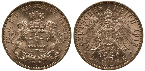 Germany German Hamburg golden coin 20 twenty mark 1913, lions support shield with fortress,...
