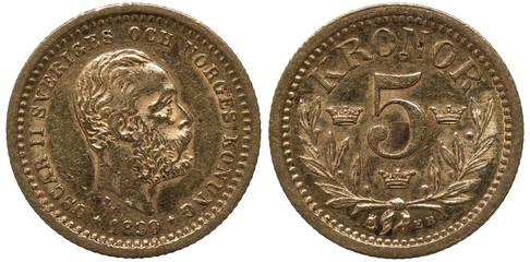 Sweden Swedish Norway Norwegian rare denomination golden coin 5 five kronor 1899, head of King Oscar II right, digit of value among crowns, crossed laurel sprigs below,