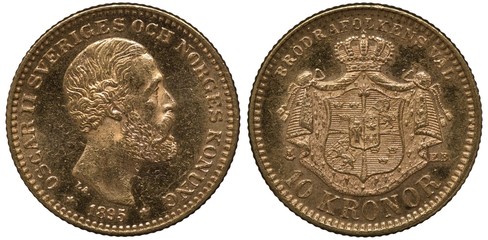 Sweden Swedish Norway Norwegian golden coin 10 ten kronor 1895, younger head of King Oscar II...
