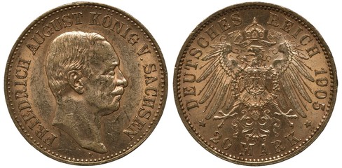 Germany German Saxony Saxon golden coin 20 twenty mark 1905, head of King Friedrich August right, imperial eagle with shield on chest surrounded by order chain, crown with ribbon above,