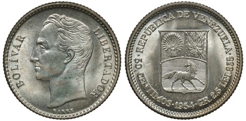 Venezuela Venezuelan silver coin 50 fifty centimos 1954, head of Bolivar left, shield with horse in center flanked by sprigs, ribbon with motto below,