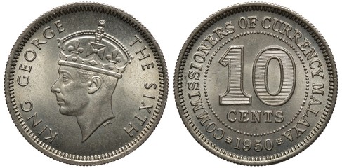British Malaya Malayan coin 10 ten cents 1950, head of King George VI left, denomination within beaded circle, date below,