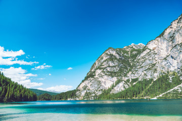 landscape view of lake mountains on background