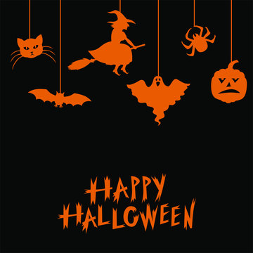 Vector illustrations of Halloween symbols greeting card on black background
