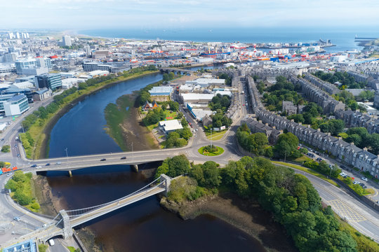 Aerial view of Aberdeen as River Dee flows to the North Sea