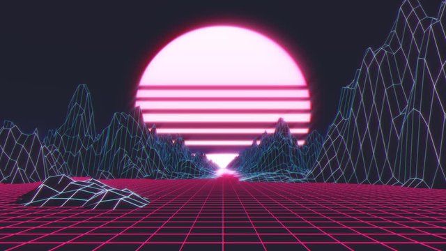 Loop Retro futuristic background footage 1980s style. Digital landscape in a cyber world