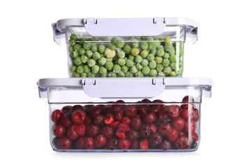 Boxes with different products on white background