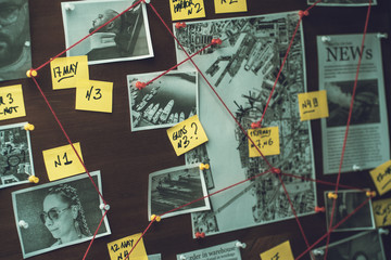 Detective board with photos of suspected criminals, crime scenes and evidence with red threads,...