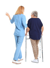 Caretaker helping elderly woman with walking frame on white background