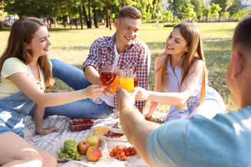 Young people enjoying picnic in park on summer day