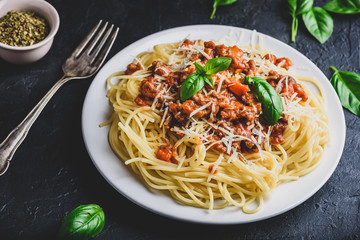 Spaghetti with bolognese sauce and parmesan cheese
