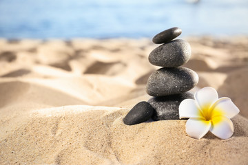 Stack of dark stones and beautiful flower on sandy beach near sea, space for text. Zen concept