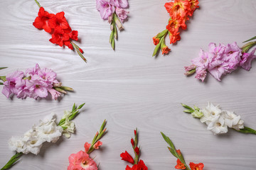 Flat lay composition with beautiful gladiolus flowers on wooden background. Space for text