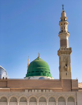 Medina, Saudi Arabia - March 22, 2018 : Exterior view of Nabawi Mosque (Prophet Mosque) building in Medina. Selective focus