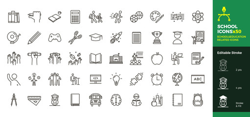 Back to school icon set with 50 different vector icons related with education, success, academic subjects and more. Editable stroke for your own needs.