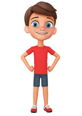 Cartoon character boy in red t-shirt. 3d rendering. Illustration for advertising.