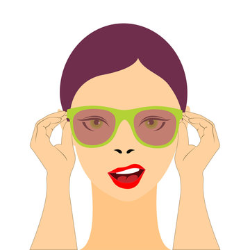 Young woman wearing sunglasses on white background, vector