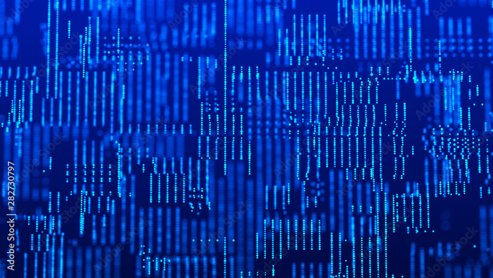 Poster Digital background whith matrix. Blue technology background of many particles. 3d rendering.