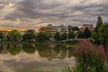 Fototapeta na wymiar A public park with a lake on a cloudy summer morning