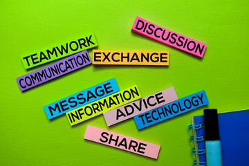Teamwork, Communication, Exchange, Discussion, Message, Information, Advice, Technology, Share text on sticky notes isolated on green desk. Mechanism Strategy Concept