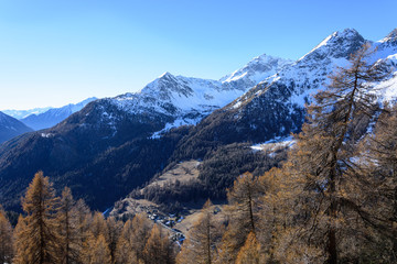 Panorama of snow-capped mountains in Val d'Ayas, Valle D'Aosta