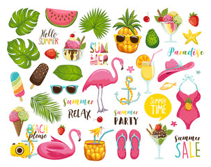 Summer set with hand drawn travel elements. Ice cream, watermelon, leaves, hat, sandals, pineapple, bag, calligraphy and other. Vector illustration