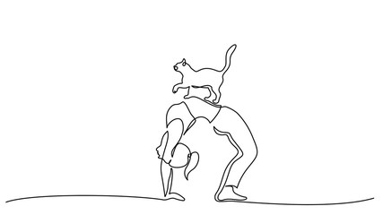 One line drawing. Woman doing yoga with cat