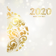 Christmas ball on bokeh background. Snow falls on the background. Happy new year 2020. Holiday card. Template for your design. Vector illustration.