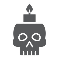 Skull with candle glyph icon, spooky and decor, halloween candle sign, vector graphics, a solid pattern on a white background.