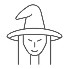 Witch thin line icon, witchcraft and halloween, witch face sign, vector graphics, a linear pattern on a white background.