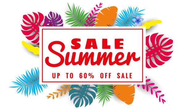 Summer sale banner template for seasonal sales with tropical leaves flowers background