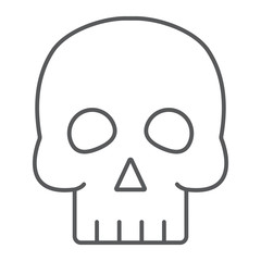 Skull thin line icon, halloween and horror, bones sign, vector graphics, a linear pattern on a white background.