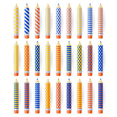 Multicolor realistic pencils with geometric patterns, isolated on white background. Vector 3d illustration.
