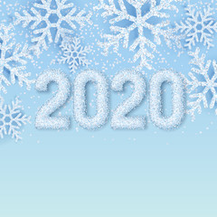 Happy New Year 2020 white snow numbers on winter abstract blue background with realistic snowflakes. Vector illustration