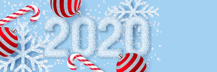 New Year 2020 poster, banner. Vector 3d realistic illustration of white snow numbers, snowflakes, red balls, stick candy