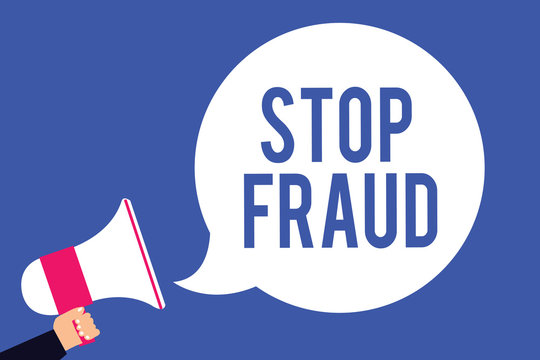 Text sign showing Stop Fraud. Conceptual photo campaign advices people to watch out thier money transactions Man holding megaphone loudspeaker speech bubble screaming blue background