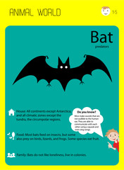 black bat. Educational flash card for kids. Nutrition, habitat, interesting facts. Home schooling, English